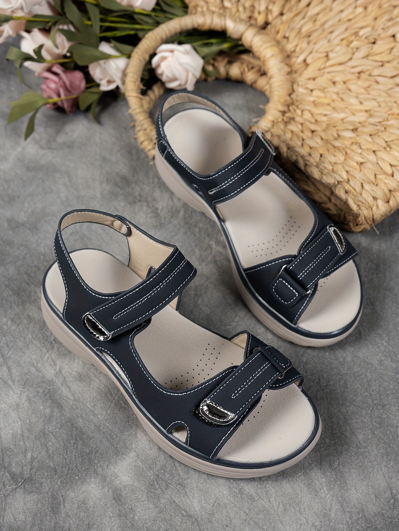 womens summer casual black platform wedge sandals open toe breathable pu upper ankle hook and loop closure solid color beachwear strappy sandals details 7