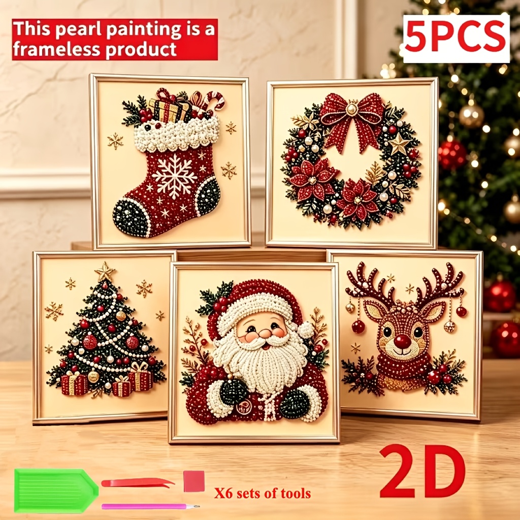 TEMU 5pcs Diy Christmas Pearl & Diamond Painting Kit Suitable For Beginners, Wall Art With Irregular-shaped Beads & Pearl Beads, 2d Pre-printed
