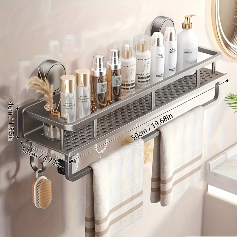 TEMU 1pc Heavy-duty Rustproof Shower Organizer - Bathroom Shelf With Towel Hooks, Space- Bathroom Storage, No-drill Installation, For Bathroom,