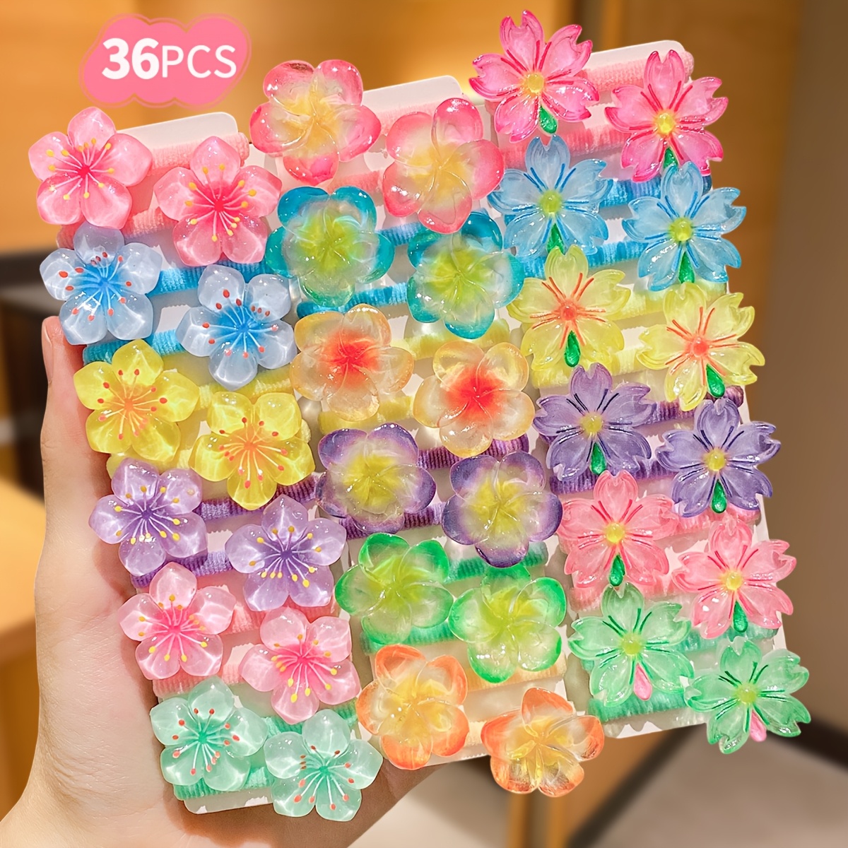 TEMU 24/36pcs Gradient Transparent Flower Hair Ties, Colorful Resin Small Flowers With Matching Colored Hair Bands, Everyday Birthday Party Hair