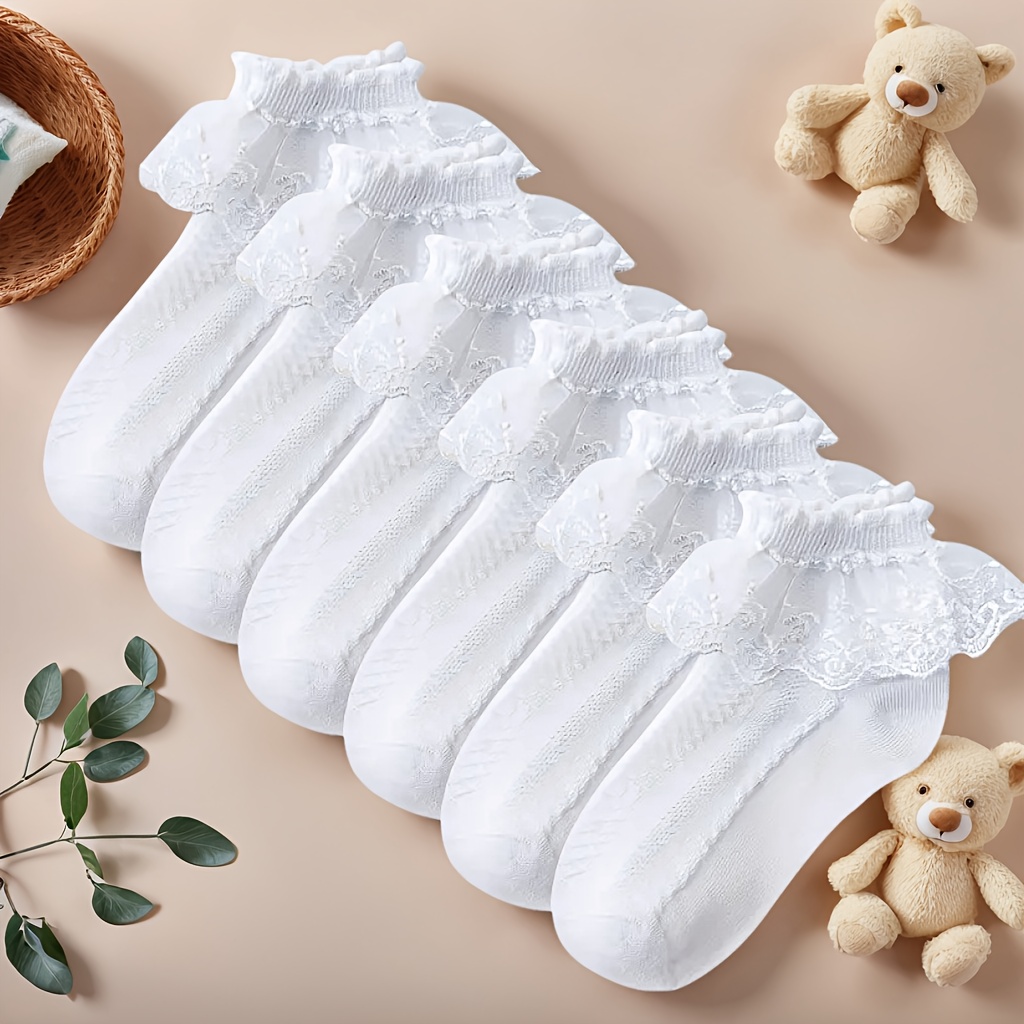 Image of Autumn And Winter Necessities, 6 Pairs Girls Lace Style Ruffle Ankle Socks For Kids & Toddlers Thickened Design, Daily Warm Clothing, Back To School Essentials