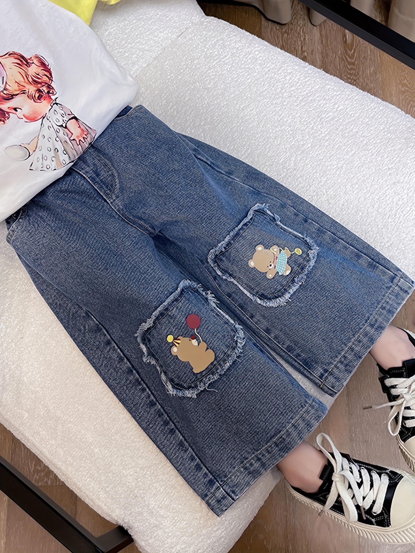 Girls' Raw-Hem Fleece Jeans Cute Hearts Pattern Regular Fit Trendy & Warm  Denim Pants For Autumn And Winter, Girls' Clothing