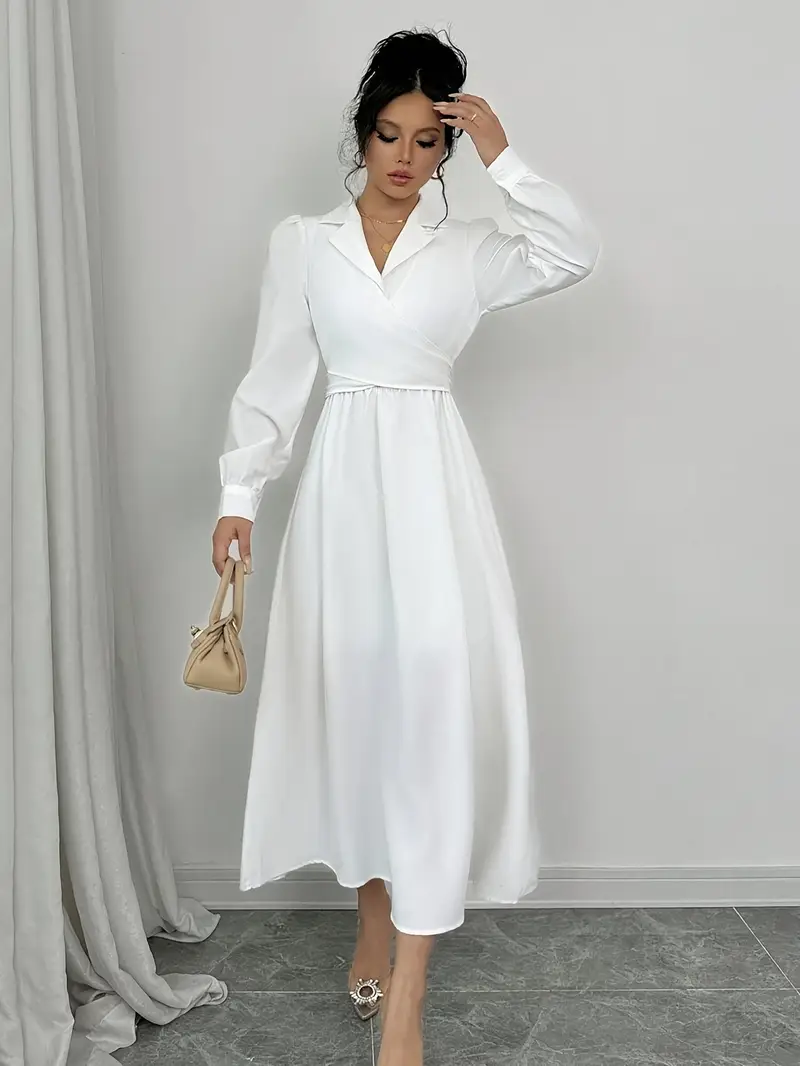 white long sleeve loose dress White Linen Maxi Dress: Long Sleeve V-neck, Loose Fit Dress With Pockets