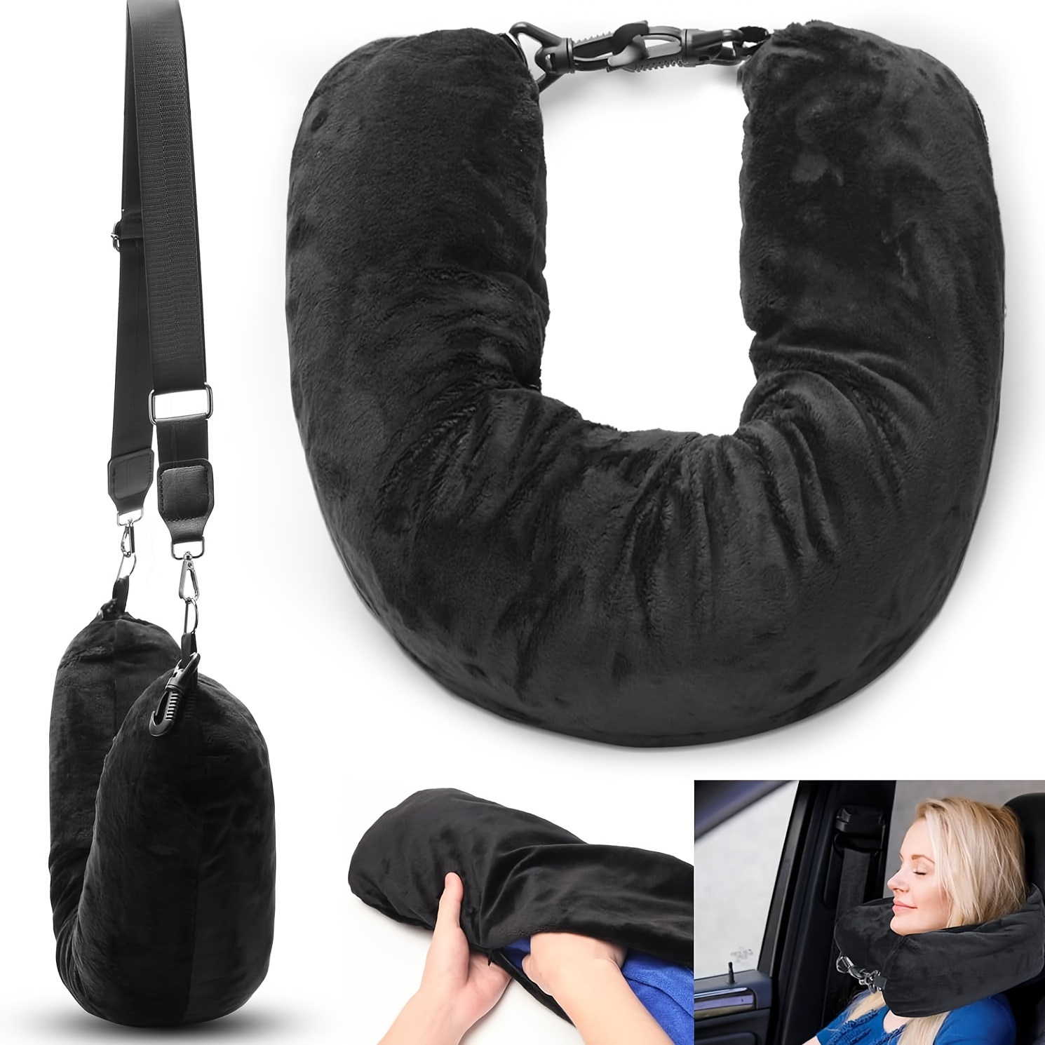 TEMU Ultra- Fleece U-shaped Travel Pillow - Lightweight, Reversible Neck Support For Airplane & Car Trips, Black