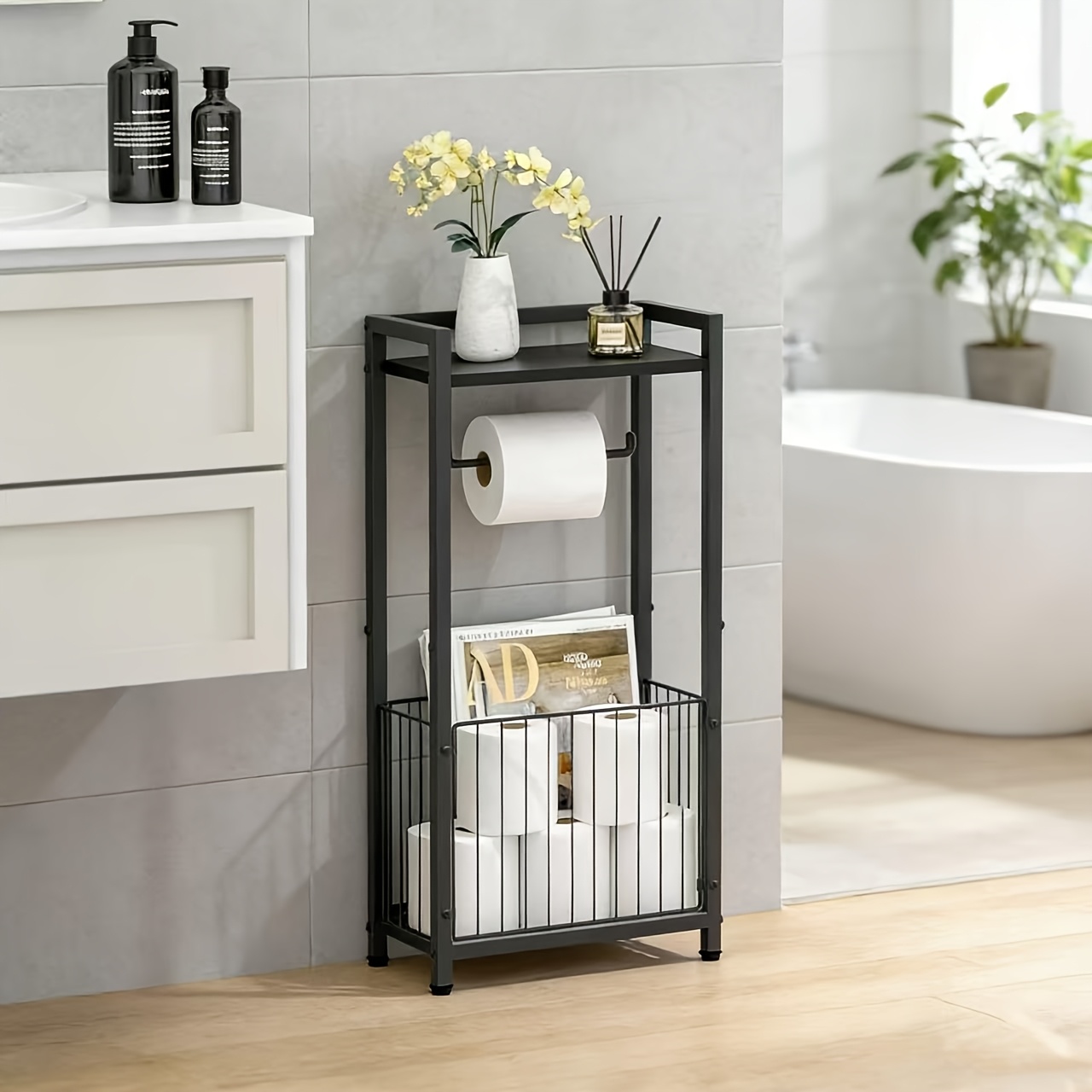 TEMU Multi-functional Paper Towel Holder Freestanding Moveable Multi-scene Use Storage Rack With Storage Function For Sundries Bathroom Supplies