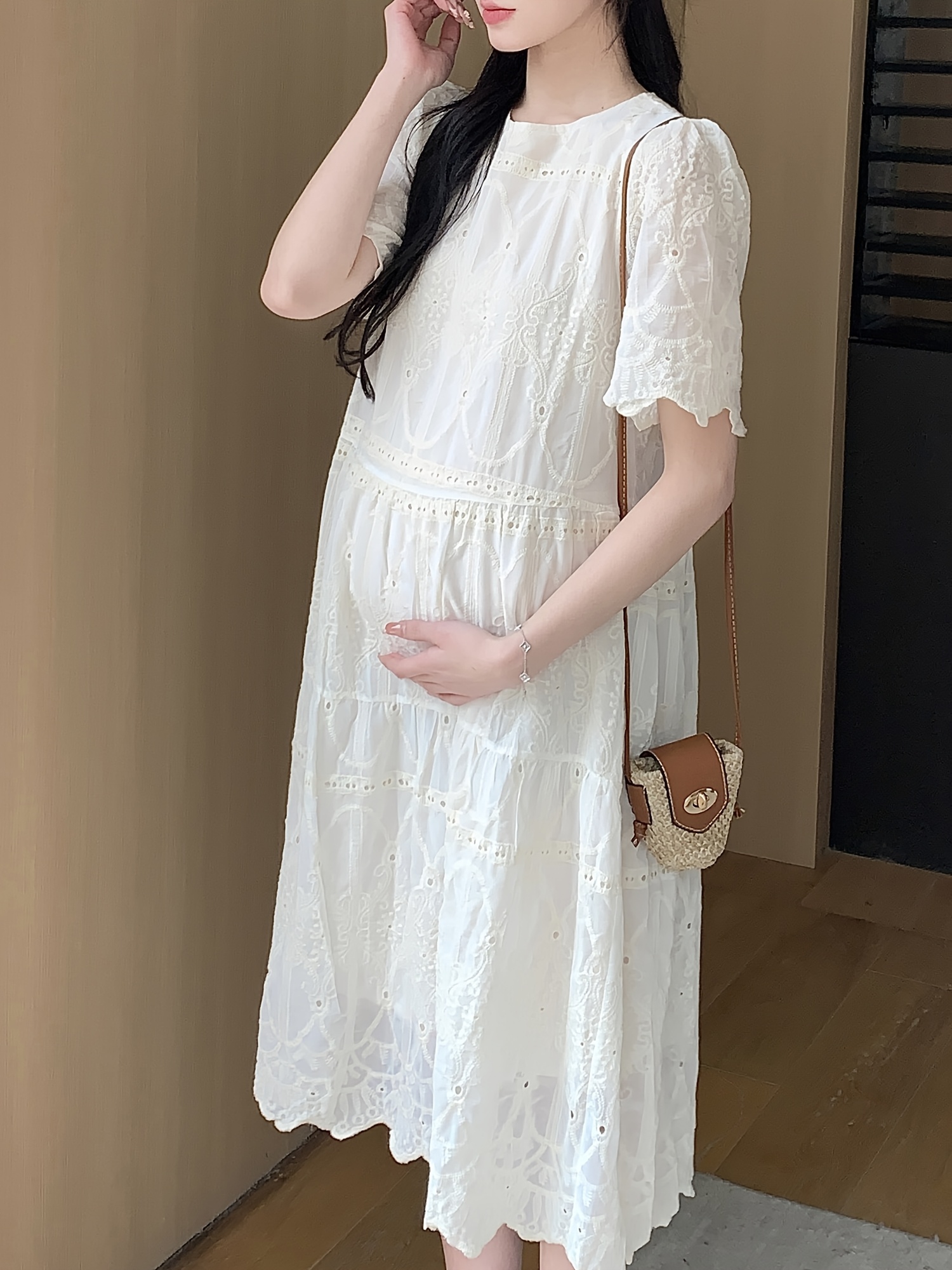 maternity summer dress floral embroidery petal sleeves loose - Temu United  Kingdom