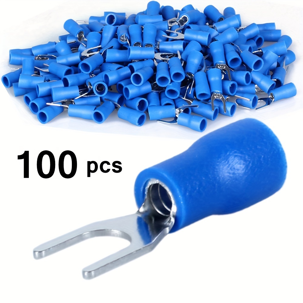 TEMU 100 connettori isolati a forchetta e a spatola per cavi, kit di terminali elettrici a crimpare blu a forma di U per 16-14AWG (1.5-2.5Mm簡)