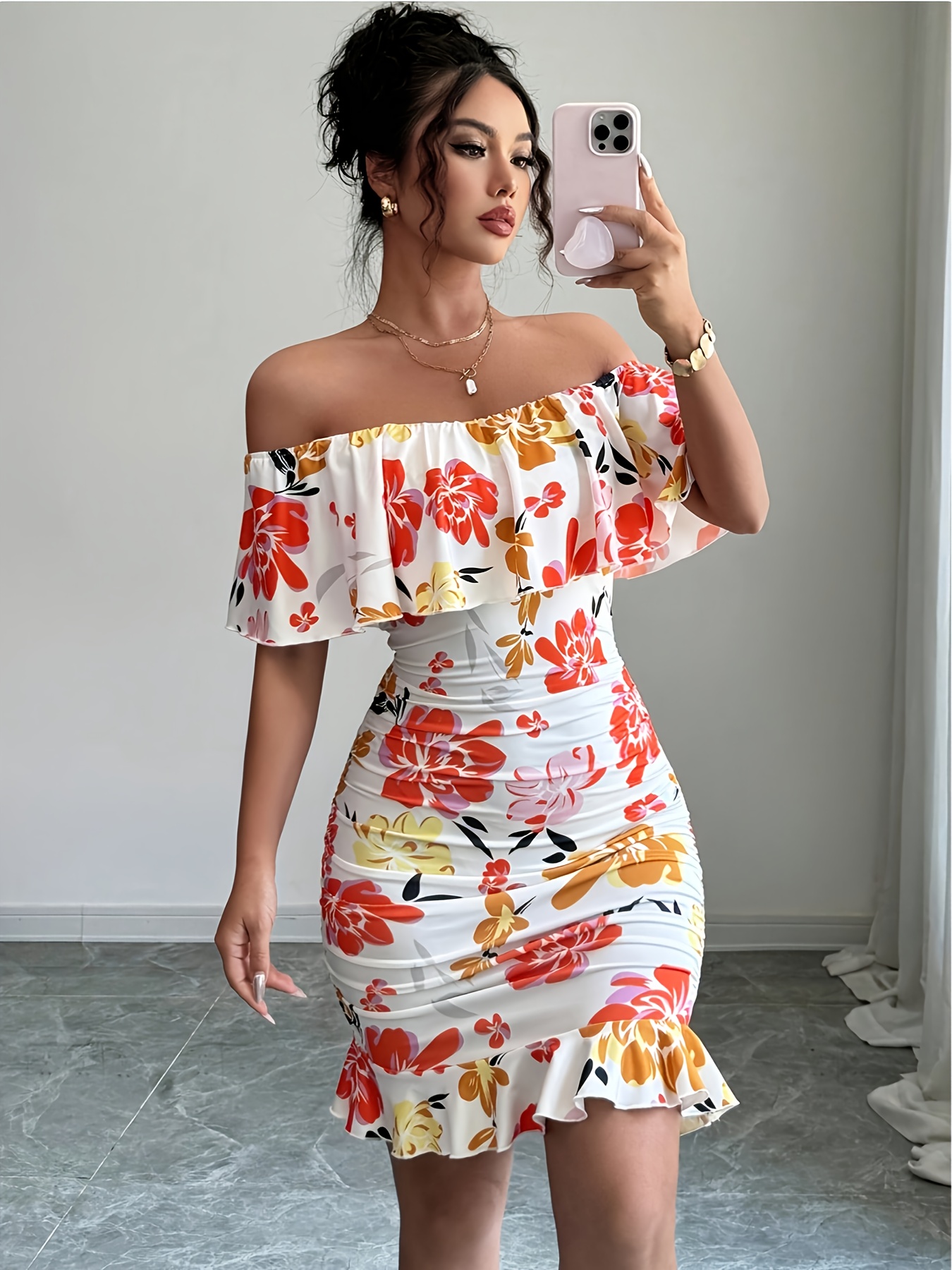 Breezaya Tropical Print Off Shoulder Ruffle Trim Ruched Bodycon Dress Vacation Beach Outfits Women