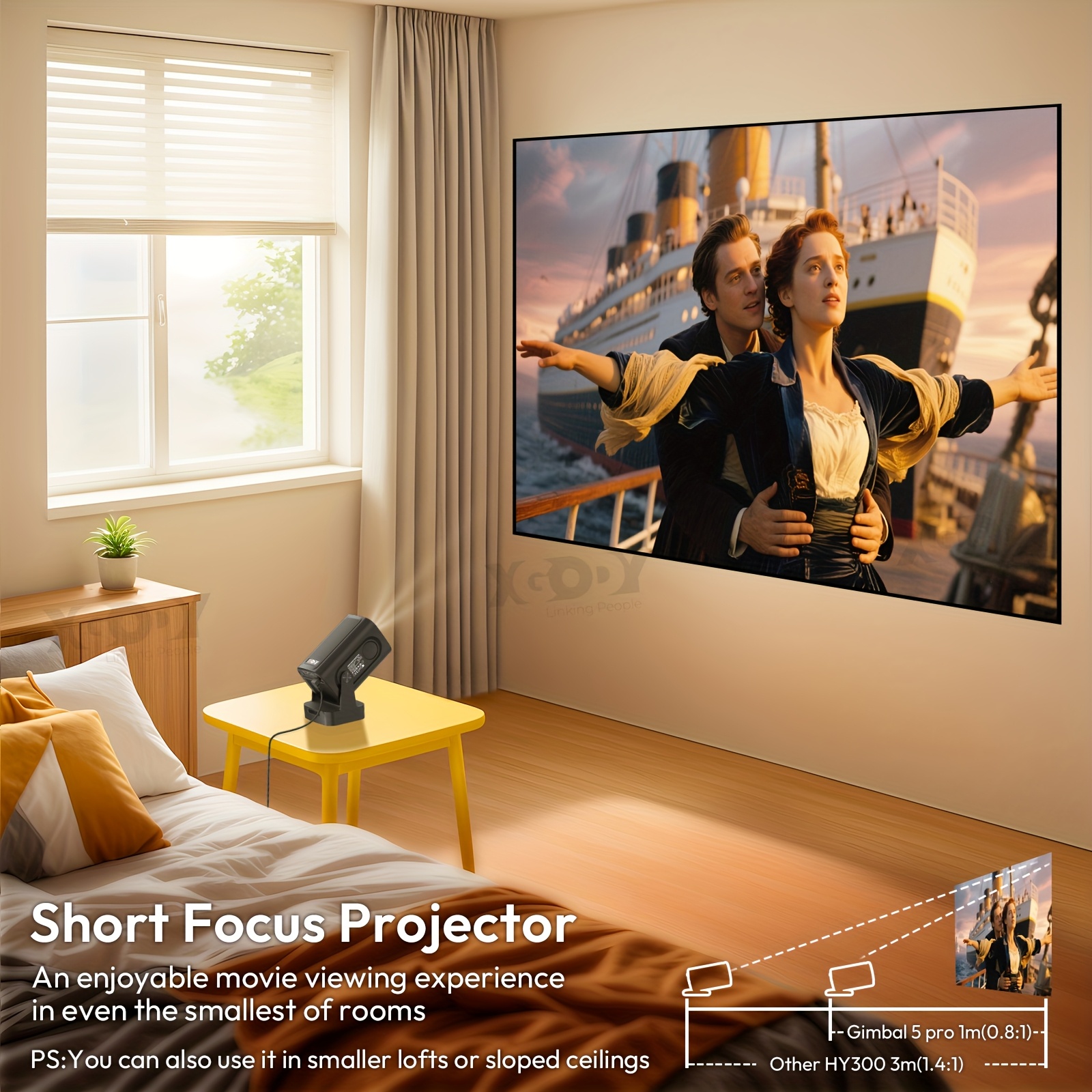 XGODY Gimbal 5 Pro Projecteur Intelligent 400ANSI Luminosité Natif 1920*1080P Support 4K Full HD 1080P Beamer avec Télécommande, Mise au Point Automatique & Correction Automatique du Trapèze WiFi 6 Sans Fil BT 5.2, Assistant Vocal Mini Cinéma Maison Projecteur APP Intégrée