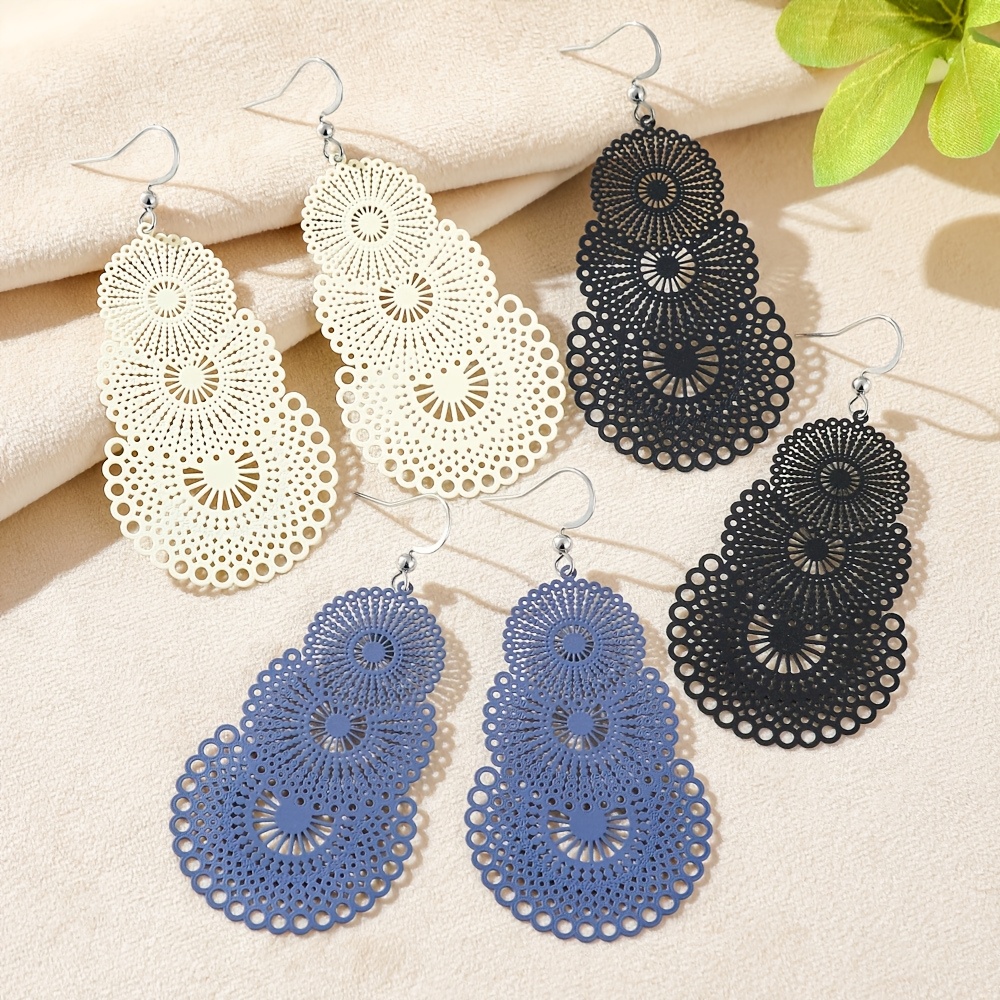 Bohemian Women's Earrings Hollow Set Water Drop Shape Round Combination Set Solid Color Earrings