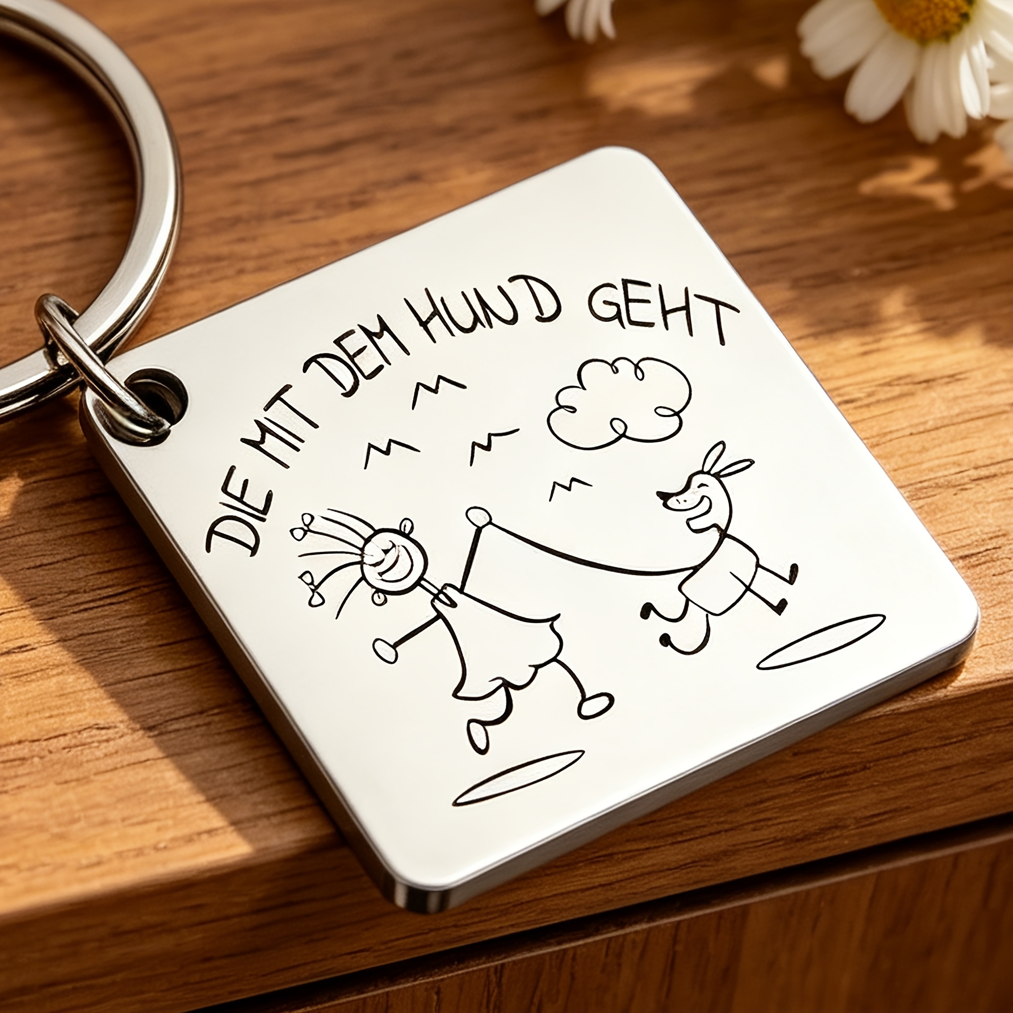 TEMU 1 Stainless Steel Keychain For Pet Owners, Featuring German Meme "die Mit Dem Hund Geht" And Hand-drawn Dog Walking - A Unisex Pet-themed Gift,