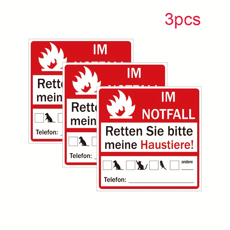 Image of 3 German Emergency Stickers, 10x10 Cm, And Uv-resistant Pvc Material, " Our Pets" German Text, Ideal For Door And Window Safety Alerts Fire Or Evacuation
