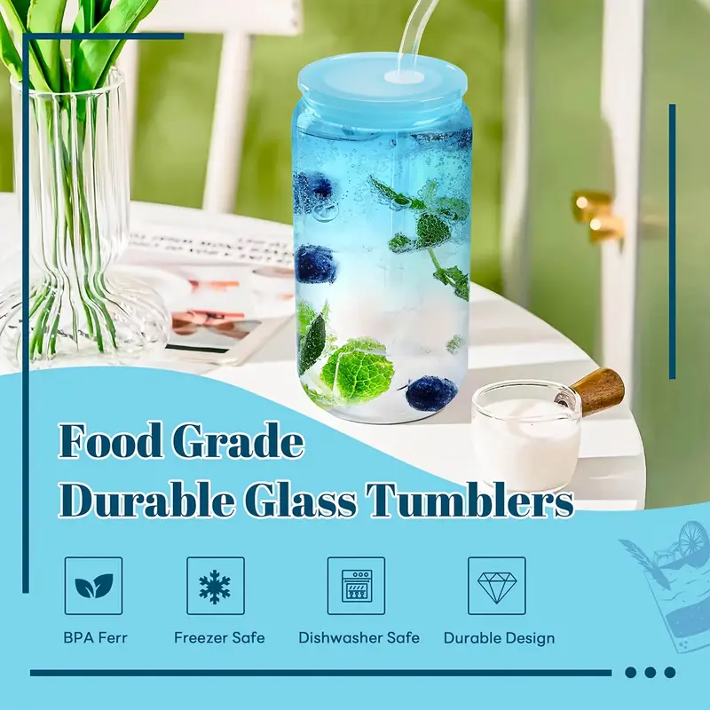12 packs 16 oz glass cups with acrylic lids and straws can shaped glass iced coffee cups with lids gradient drinking glasses cute tumbler cup great for smoothie soda boba tea cocktail beer gift Product details 7