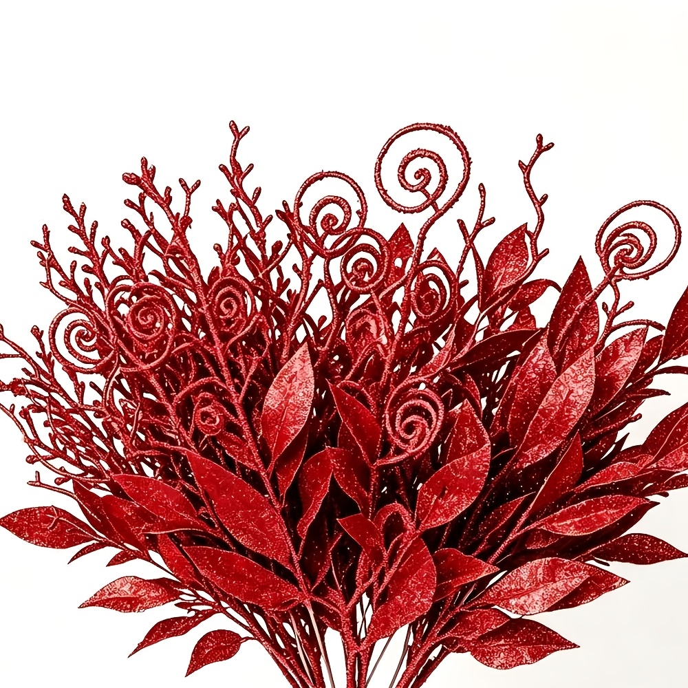 TEMU 18pcs 3 Red Styles Christmas Glitter Tree Picks And Red Sprays Twigs Artificial Curly Stem Candy Picks Ornaments Branches Sticks For Wreath Vase