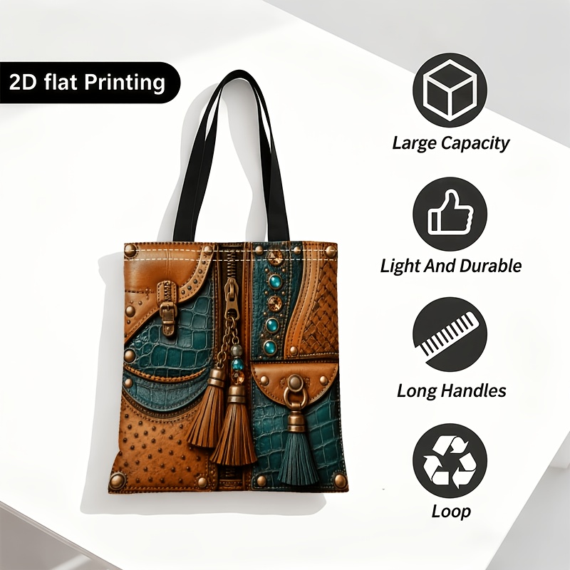 TEMU 1pc Luxurious Cover Themed Double-sided Printed Eco- Bag, Large Capacity Shopping Bag Handbag Shoulder Bag Washable Durable Reusable Portable
