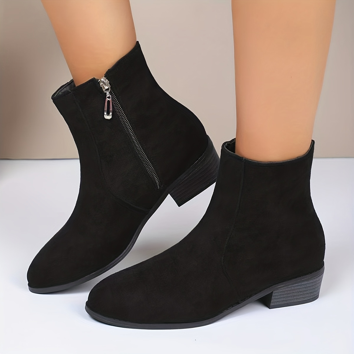 TEMU Retro Stylish Chunky-heeled Women's Boots With Zippers, Women Shoes