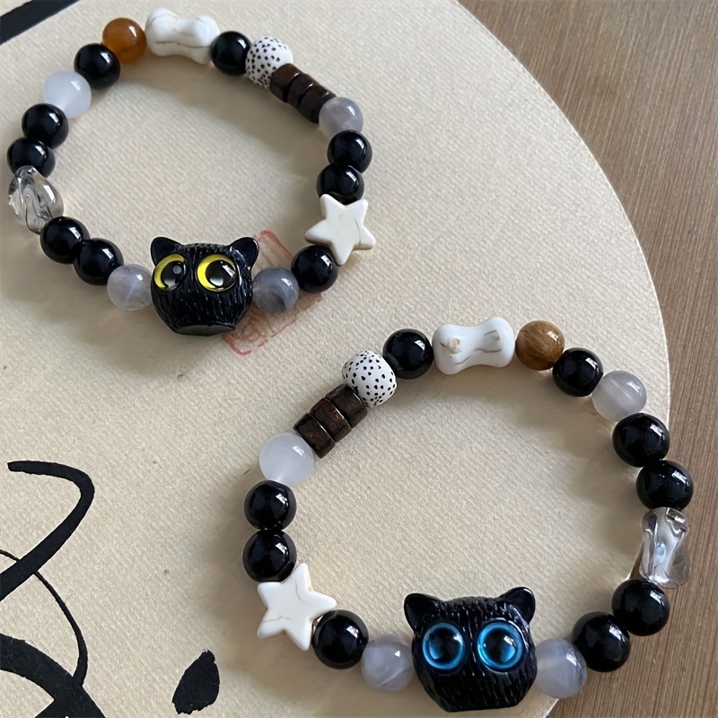 Charming Cat with Golden Star Eyes Bracelet Vintage Ceramic