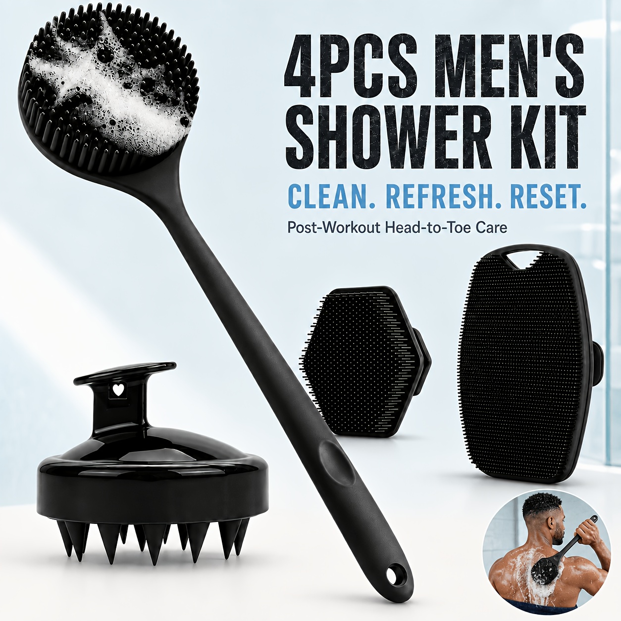 TEMU 4pcs Silicone Bath And Body Brush Set, Long Handle Back Scrubber, Face Cleansing Brush, Body Exfoliating Scrubber And Scalp Massager, Body Care