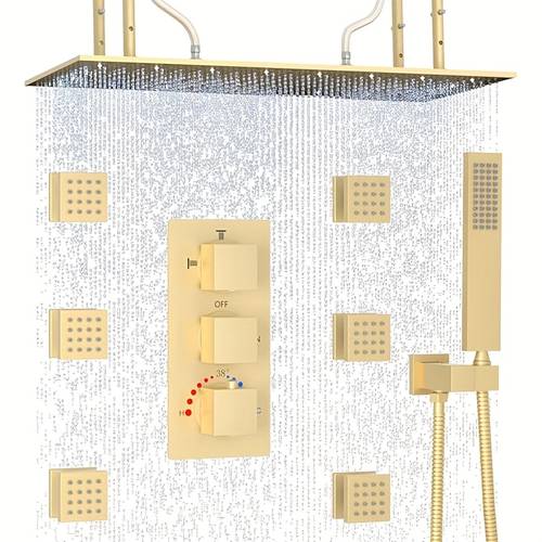 luxury thermostatic rain shower system with 6 body led overhead showerhead full body shower faucet set adjustable matte black with multi function shower