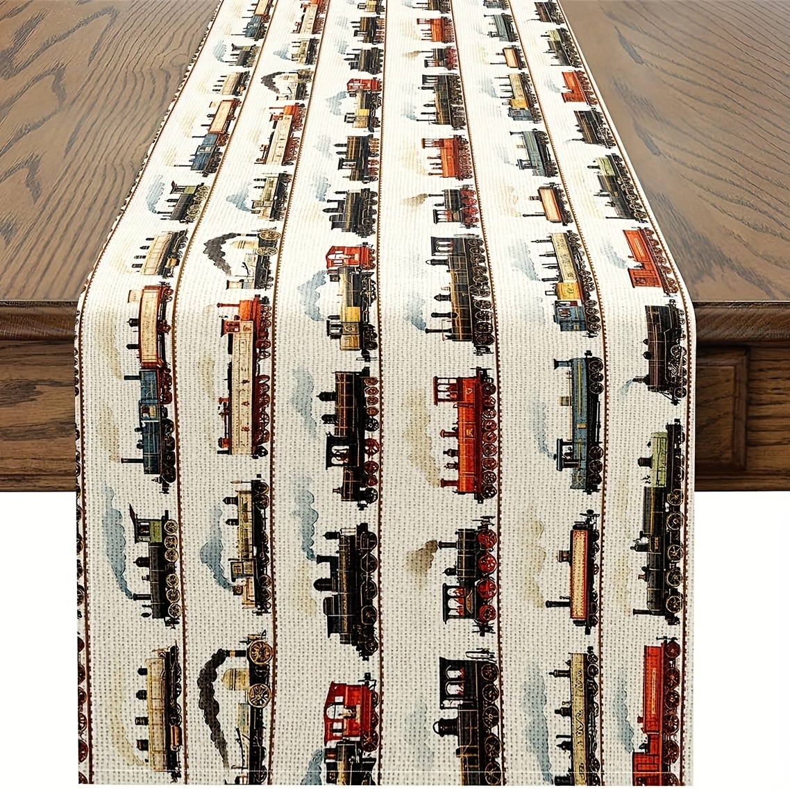 TEMU 1pc Vintage Steam Train Table Runner - Detailed Illustrations, Durable Polyester Fabric, 13x72 Inch Rectangular Tablecloth For Kitchen Dining