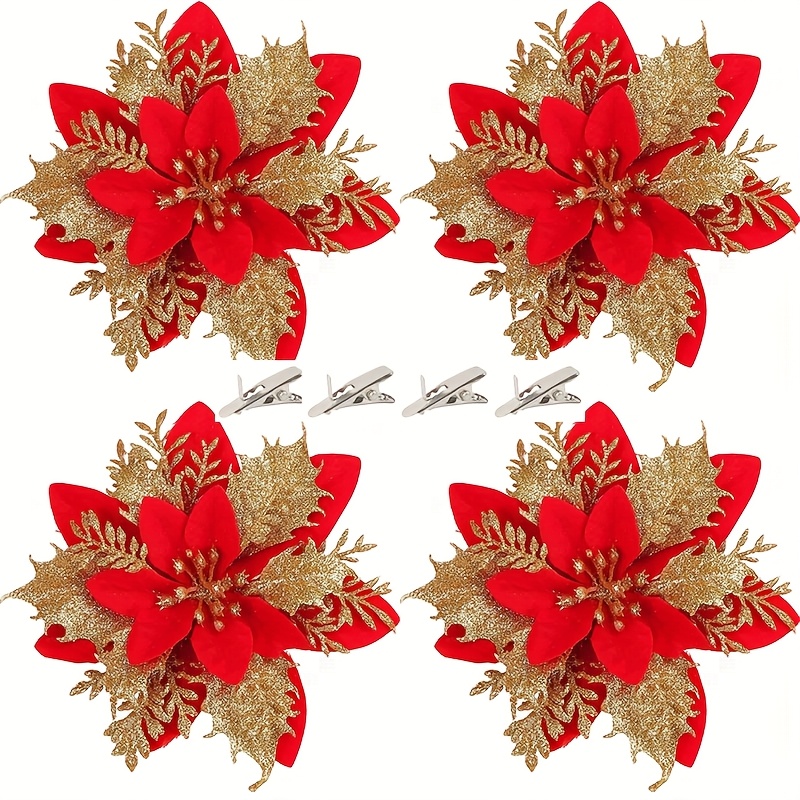 TEMU ensemble de 10 fleurs de Noël avec pinces, fleurs décoratives pour couronne de Noël, ornements pour sapin de Noël, 5 fleurs + 5 pinces