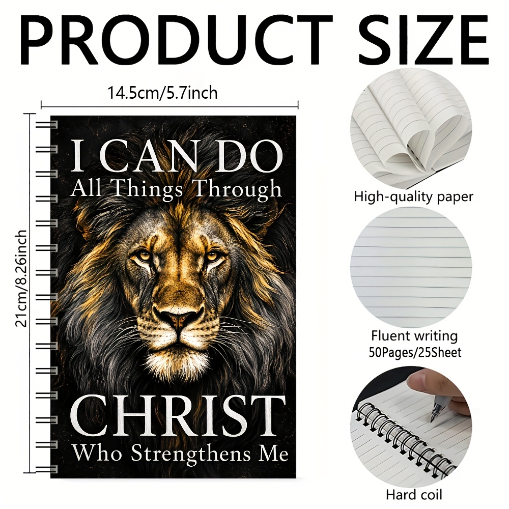 TEMU Lion For Faith Inspirational A5 Spiral Notebook, Face With I Can Do All Things Through Quote Cover, 1pc For Faith Notes, Goal Records, Morning