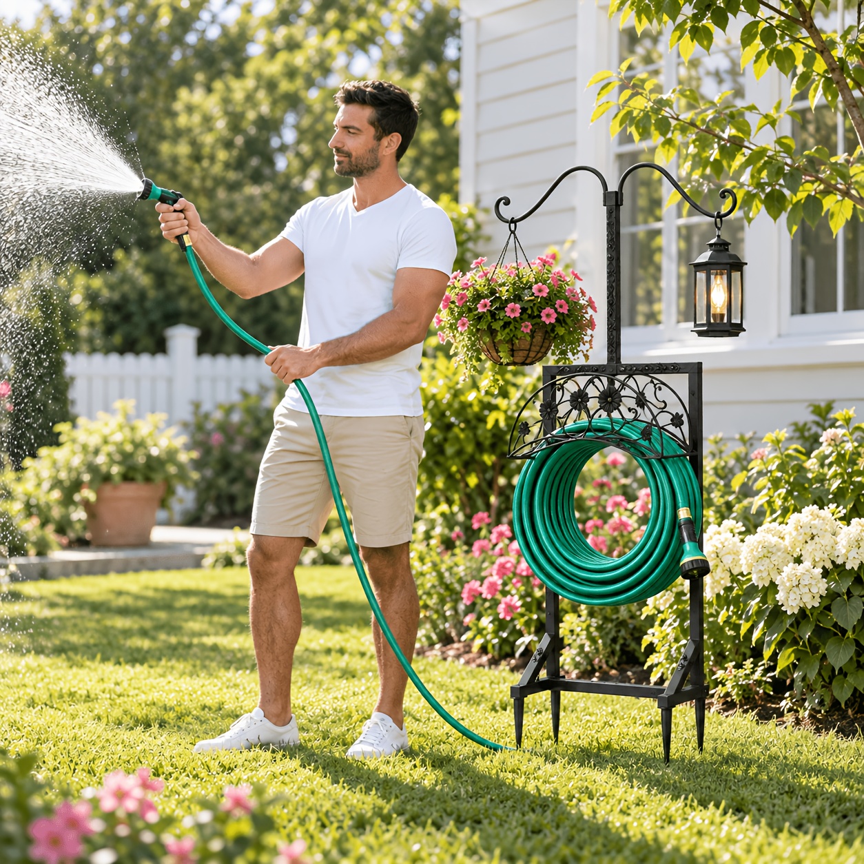 Image of Garden Hose Holder With 2 Shepherd Hooks, 60.6 Inch Iron Water Hose Storage Stand With 4 Ground Stakes And Decorative For Outdoor Gardens, Yards And Lawns