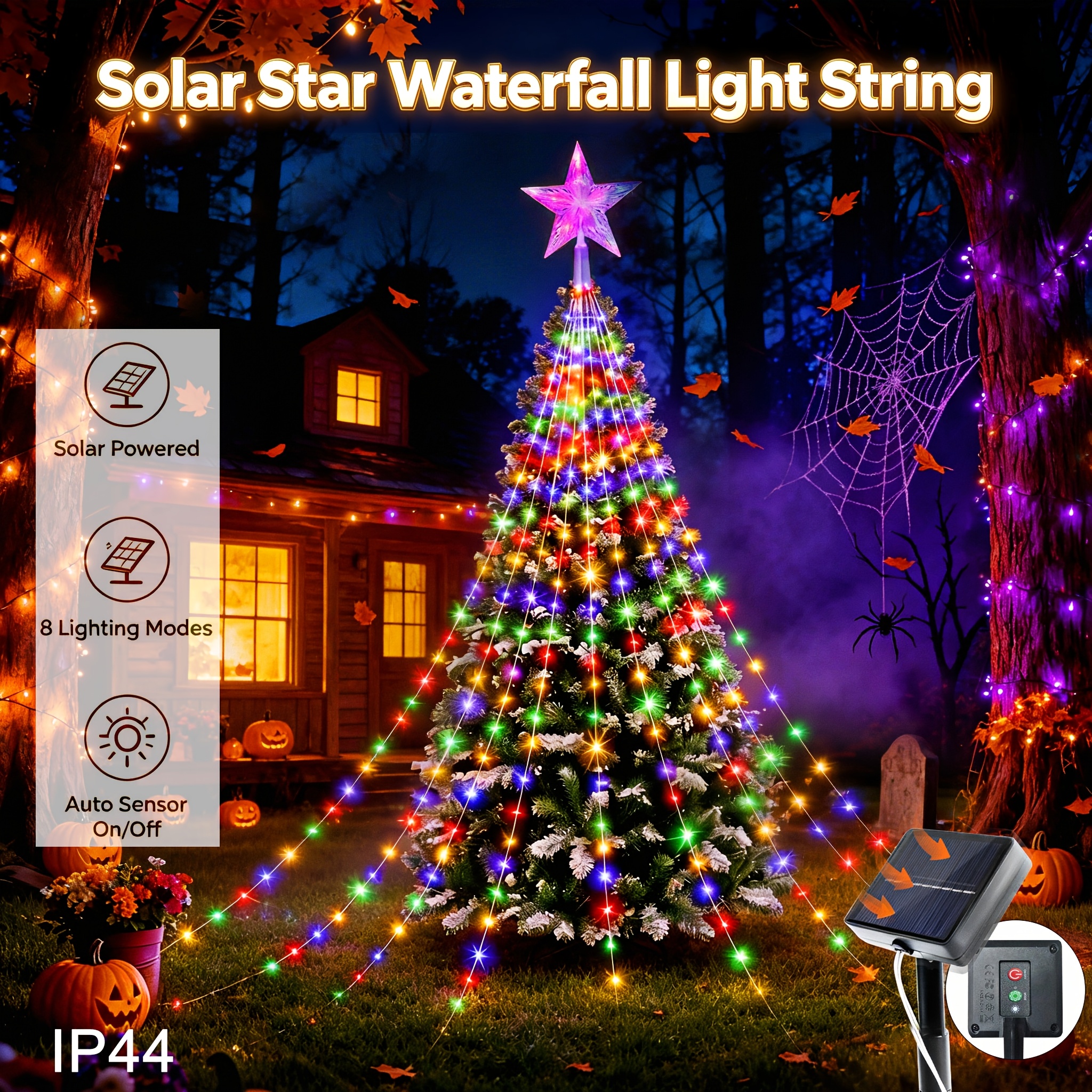TEMU 1pc Solar Outdoor Waterfall String Lights, Halloween Yard Decor Background Lights. Solar Powered With Auto Light Sensor, 8 Lighting Modes.
