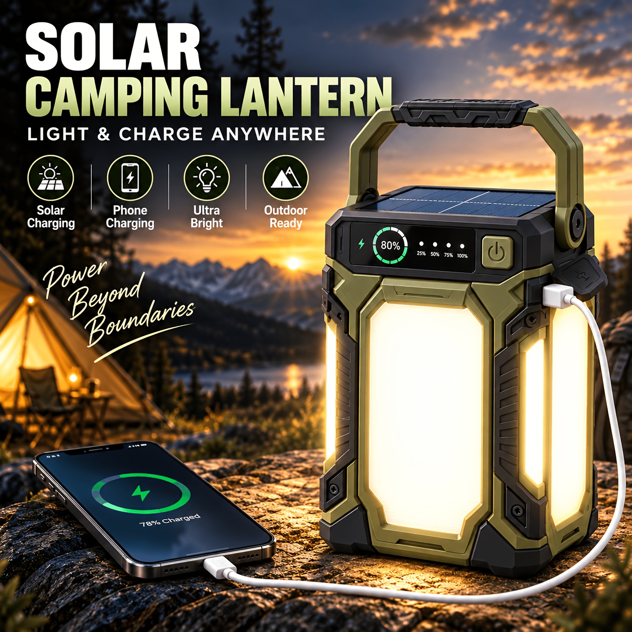 TEMU 4-panel Foldable Solar Camping Lantern, Rechargeable Led Tent Light With Hanging Hook, 6 Lighting , Outdoor Emergency Lamp With Portable Design