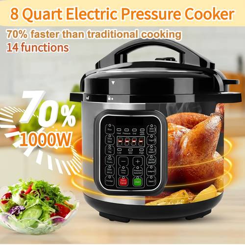 8 premium multi functional electric pressure cooker 14 in 1 stainless steel construction warmer sterilizer and advanced safety features and meal preparation serves 4 6 people kitchen cookware sleek black durable electric cooker