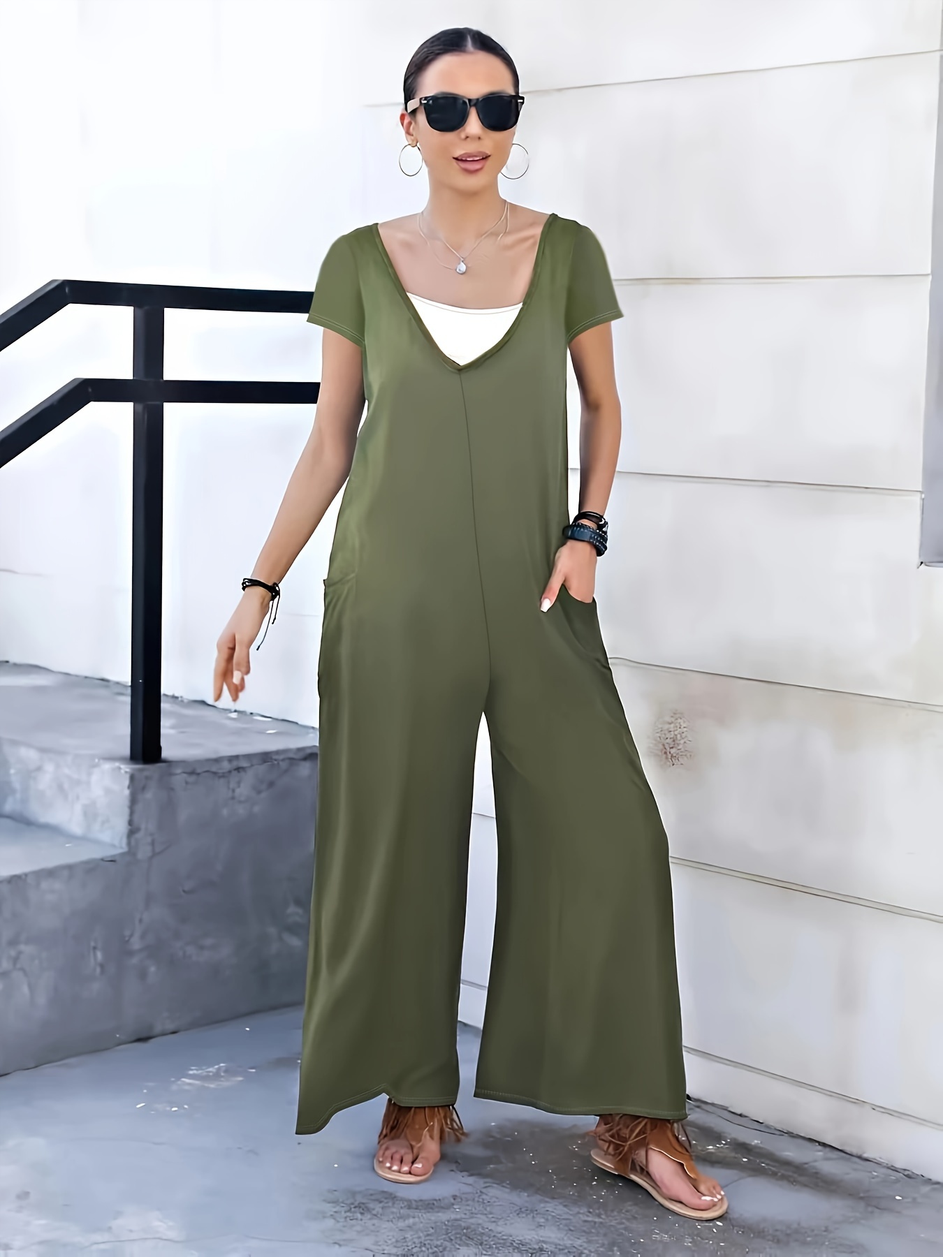 solid v neck jumpsuit casual short sleeve wide leg jumpsuit with pockets for spring summer womens clothing
