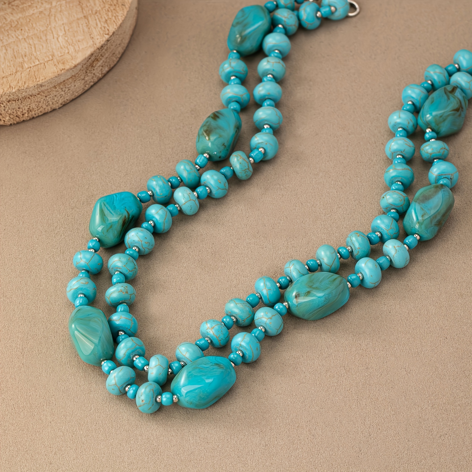 Vintage Bohemian Double Layer Necklace, Irregular Turquoise Stone Beads