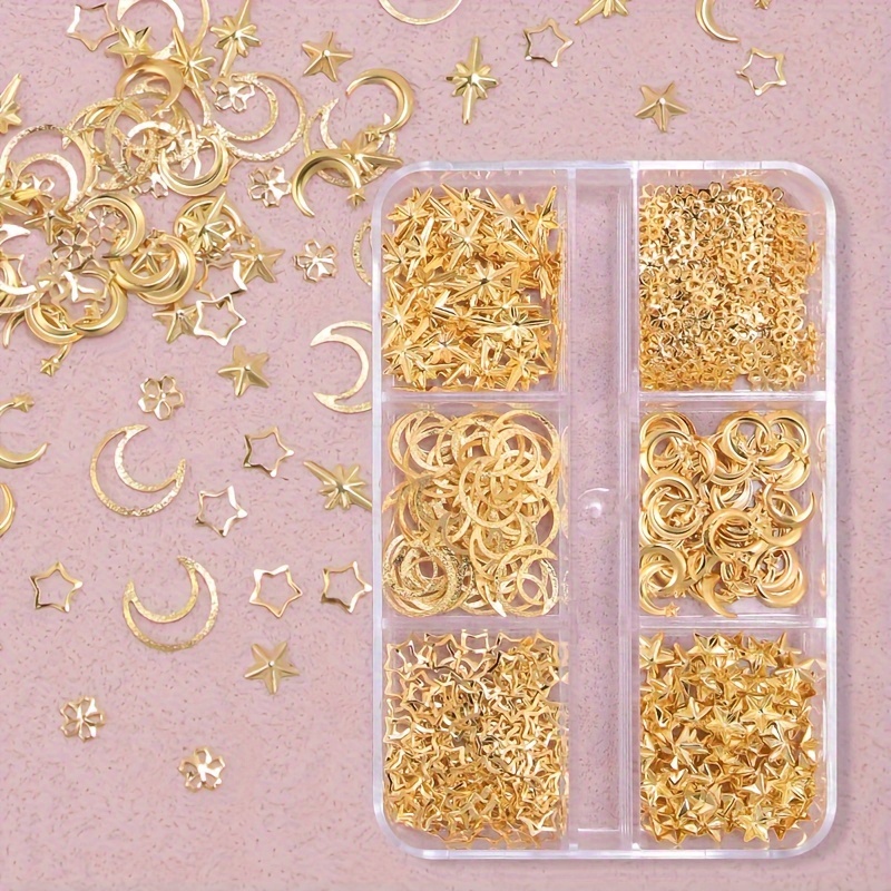 

550-piece Hypoallergenic 3d Metal Nail Art Studs Set - Golden Charms, Moon, Star, And Flower Shapes For Diy Nail Decoration And Jewelry Crafting