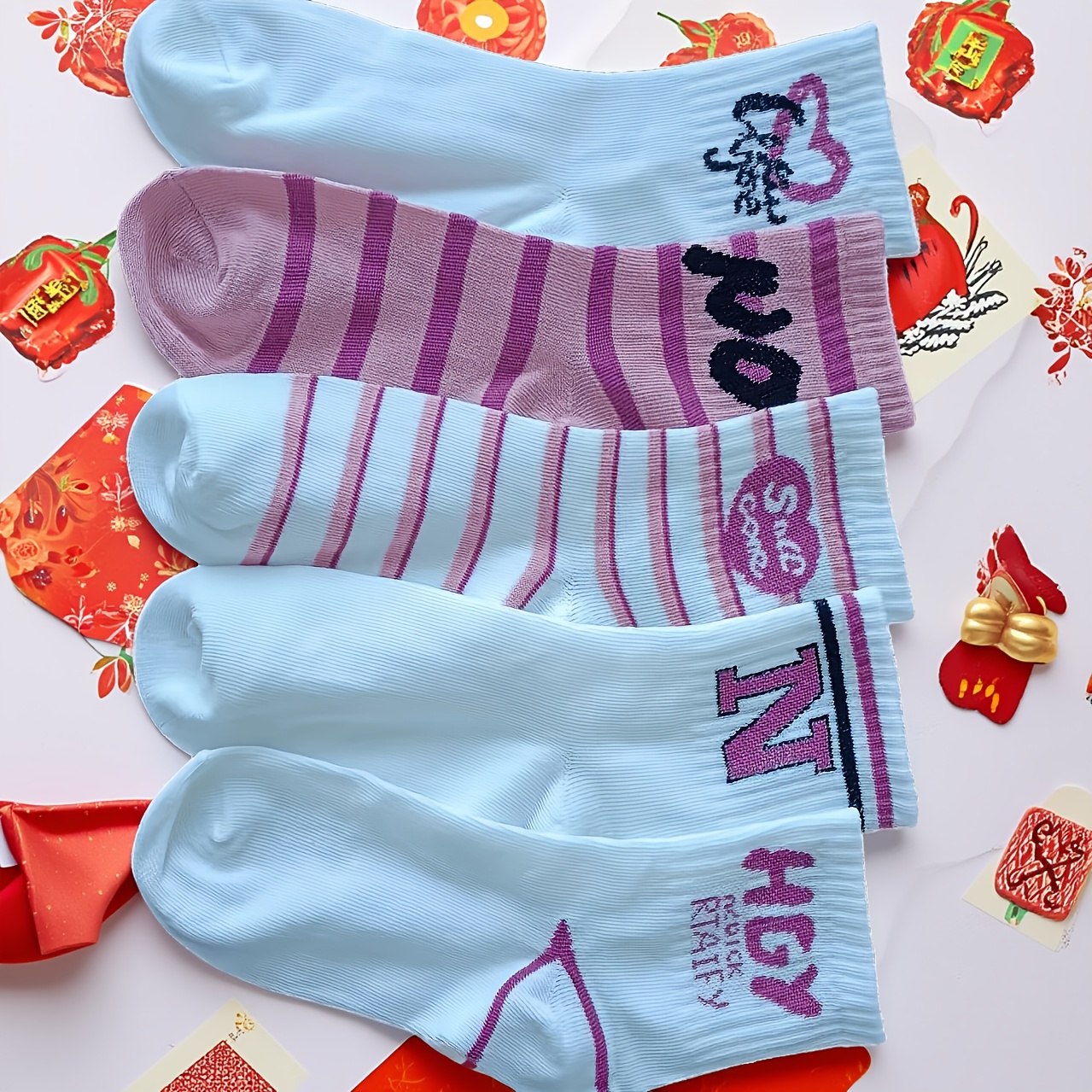 TEMU 5-pair Random Style Letter Stripe Mid-calf Socks, Versatile And Chic Japanese-style Cute Socks, Simple And Unique, Anti-odor And Anti-slip,