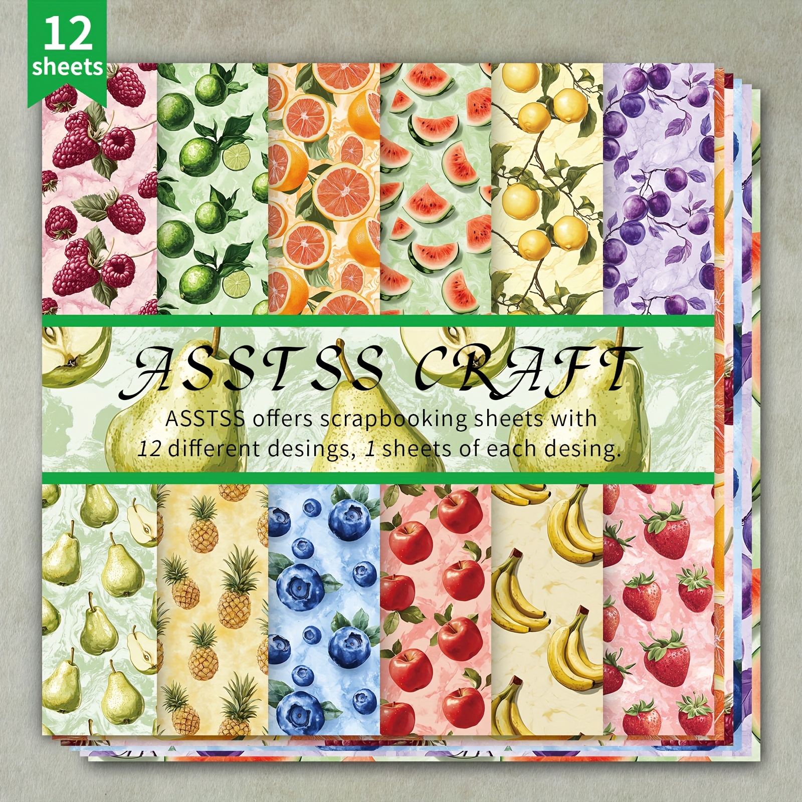 TEMU Asstss 12-sheet Scrapbooking Paper Pad - Heavyweight Cardstock With Fruit & Floral Patterns (peaches, Grapes, Watermelon, Strawberries,
