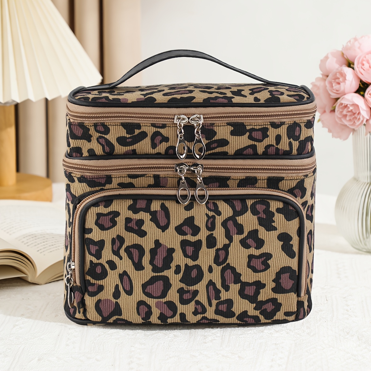 E-shop Fashion Leopard Print Make-up Tasche Großes Fassungsvermögen Tragbarer Organizer mit Fächern und Isolierung für Zuhause und Reisen