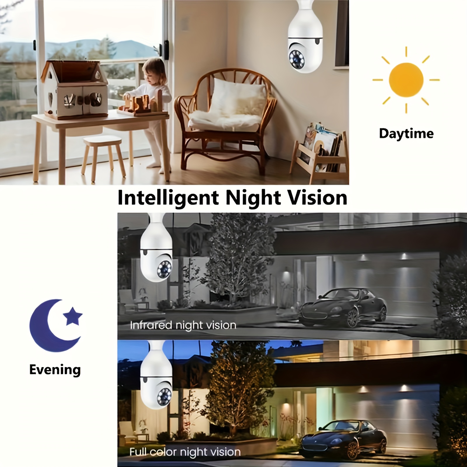   smart wifi bulb camera with e27 connector 360 pan tilt motion detection two way audio indoor outdoor security usb powered no battery   details 5