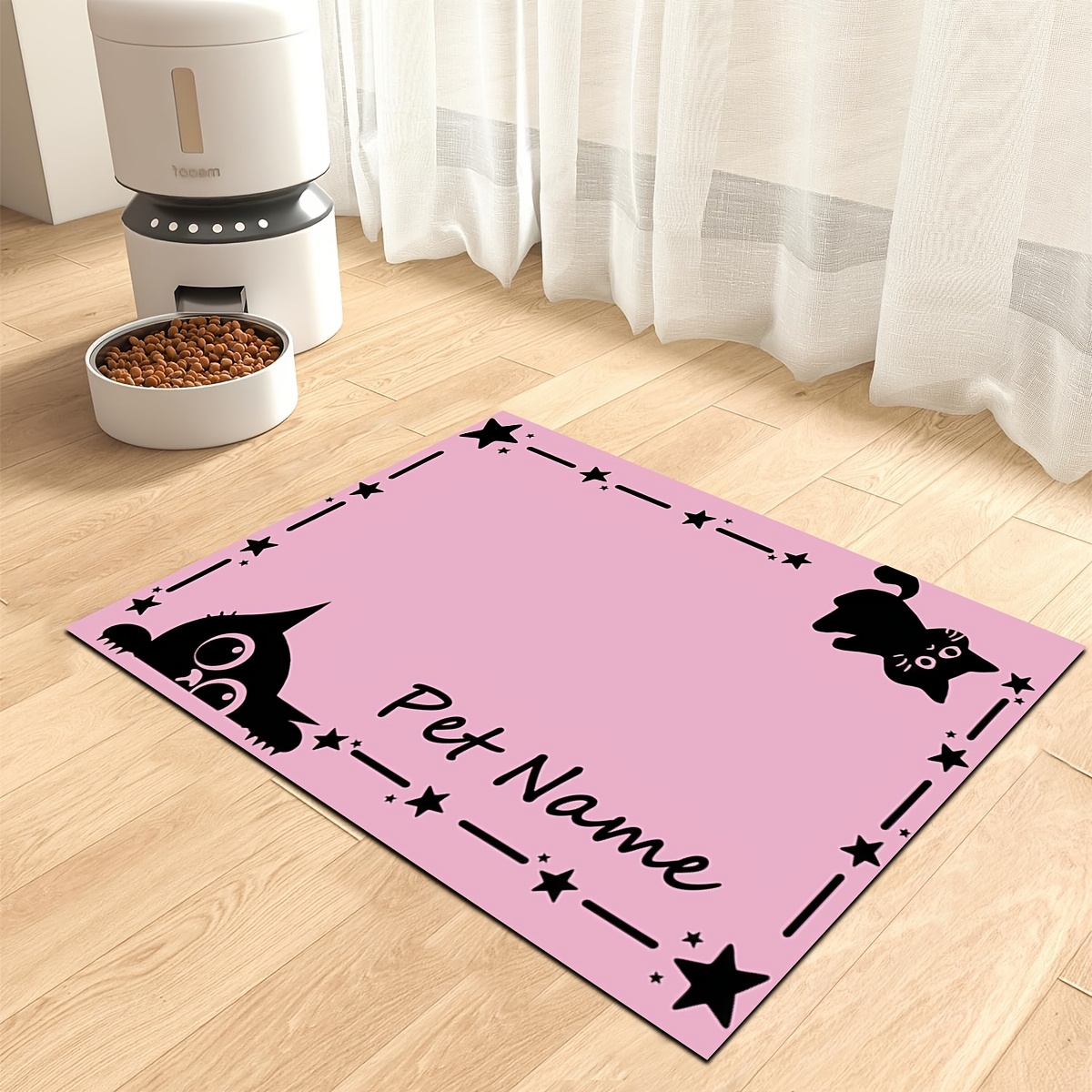 TEMU 1pc Name/slogan Pet Feeding Mat Suitable For Cats & Small Dogs, Non-slip Name/text & Kitten-themed Floor Mat With Star Border, Food Bowl For