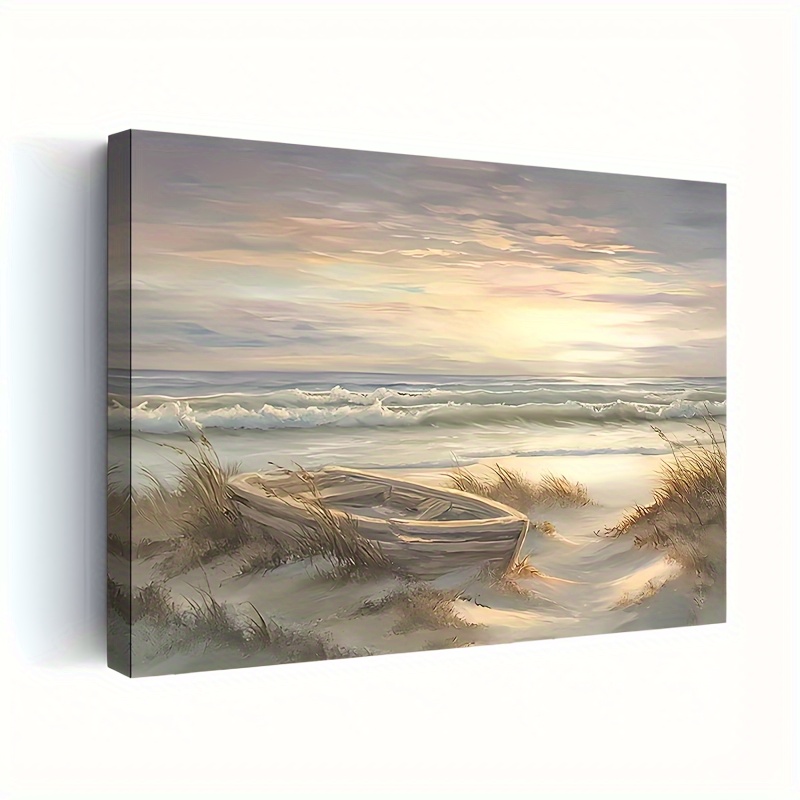 

1pc Wooden Framed Canvas Painting, Coast Beach Boat Picture Wall Decoration Beach Canvas Print Picture For Bathroom Living Room Wall Decoration 11.8inch*15.7inch