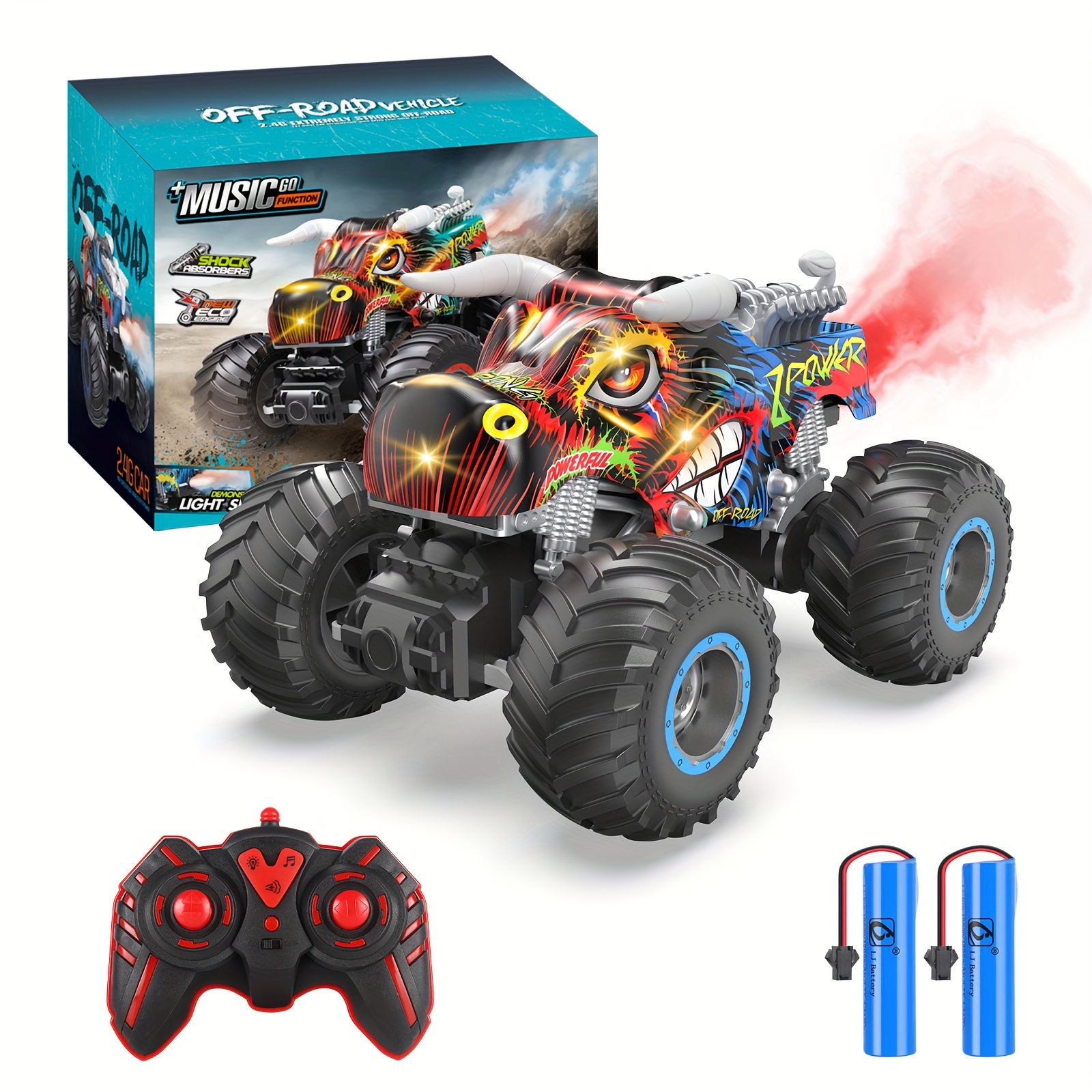 

Remote Control Monster Truck, 2.4ghz All Terrain Remote Control Monster Cars, 1:16 Monster Truck Rc Trucks, Remote Monster Car With Spray Music And Light For Boys 4-7 8-12 Kids