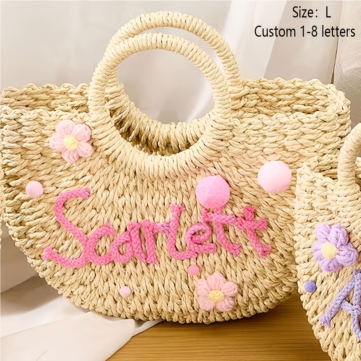 TEMU [Personalizable] 1 pieza Bolsa tote de paja sintética personalizada, Bolsa de playa para dama de honor, Bolsa de regalo para despedida de