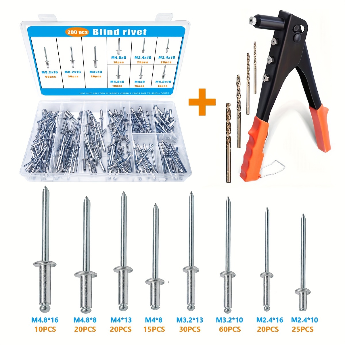 

Hand Set: 200pcs 8 Sizes Aluminum Blind Rivets + Aluminum Blind Rivet Pliers Gun + 4pcs Drill Bits For Projects!