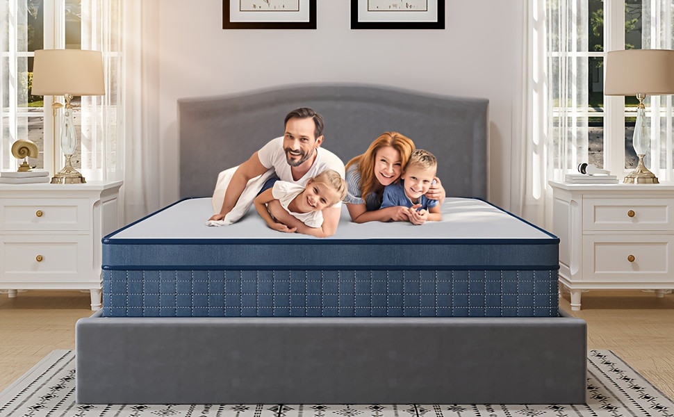 Single Mattress with Independent Spring, 26cm Medium Hardness Memory Foam Blend, Sports Isolation, Blue and White