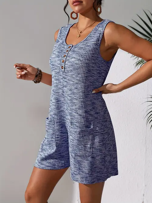 new summer casual womens jumpsuit colorful waffle fashion sleeveless vest pocket button shorts