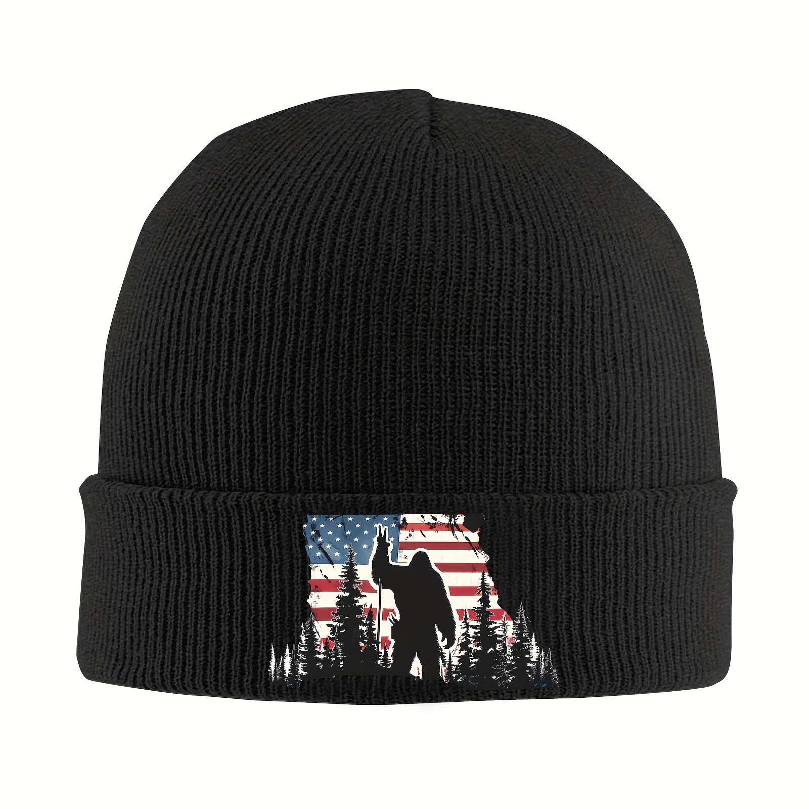 

1pc Funky Acrylic Knit Beanie Hat, Slight Stretch, With Sasquatch And American , Hand Washable, For Men And Women, Unique Gift