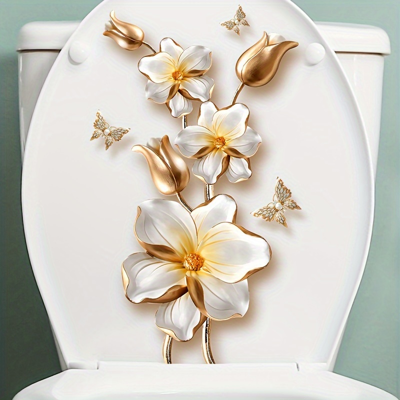 

Fantasy Floral And Butterfly Toilet Lid Decal - Self-adhesive Polyvinyl Chloride Sticker, Ceramic Compatible, Single Use, Semi- With Embellishment Features - 1pc Elegant Lotus Flower Bathroom Decor