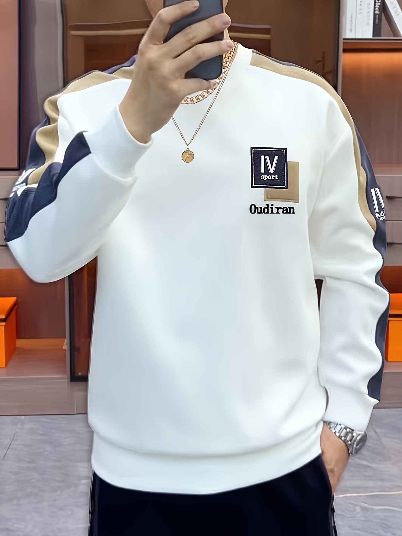 autumn   color block crew neck sweatshirt casual long sleeve pullover with logo machine washable polyester blend for spring autumn spring   trendy sweatshirt smooth texture fabric cute sweatshirts white 0