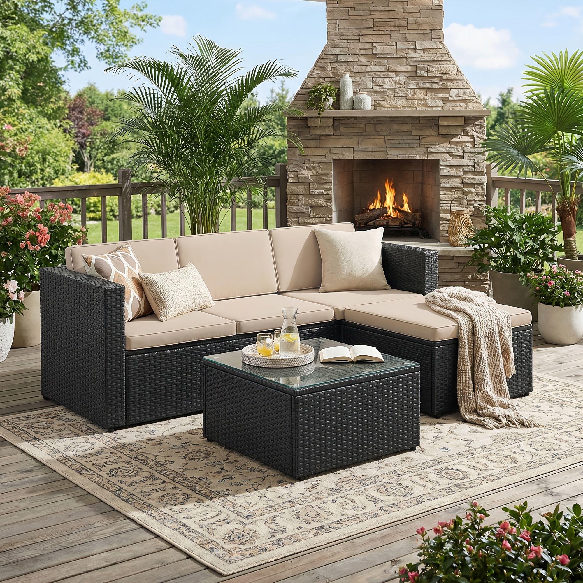 PE Polyrattan Garden Furniture Set with   Corner Sofa, Cushions And Glass Table