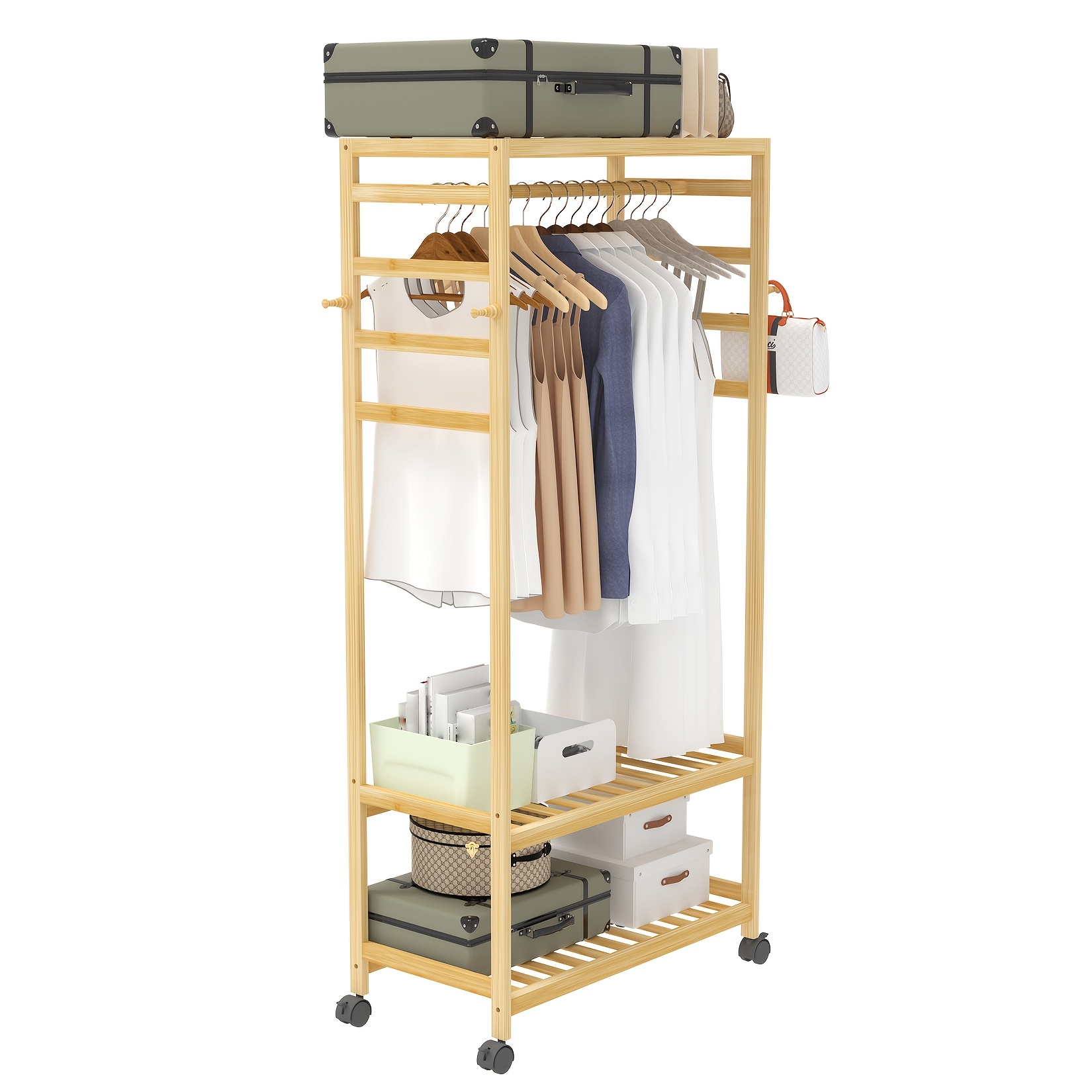 TEMU A Freestanding Coat Rack On Wheels Featuring A Minimalist , Made Of Natural Bamboo, With A Storage Shelf For Organizing Garments In The Entryway
