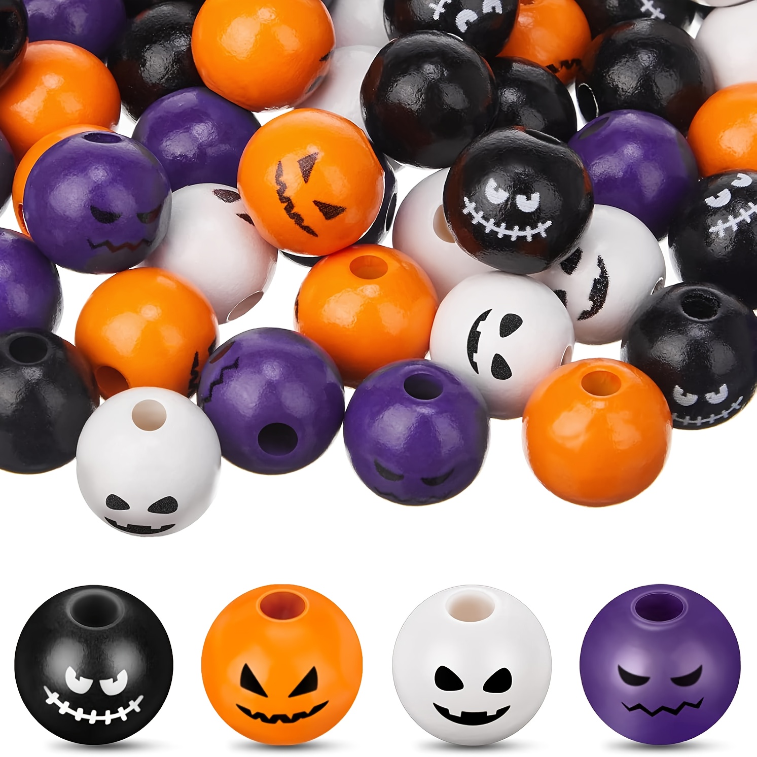 Image of 60pcs Halloween Wood Bead Crafts Pumpkin Face Scattered Beads For Autumn Home Decoration And Jewelry Making Halloween Party Decoration